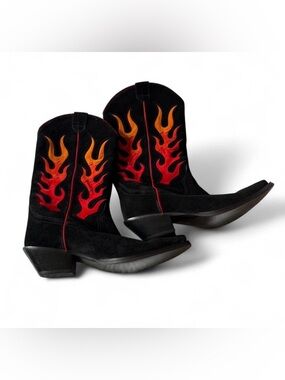 Jeffrey Campbell Black Suede Cowboy Boots with Red and Orange Flame Appliqué